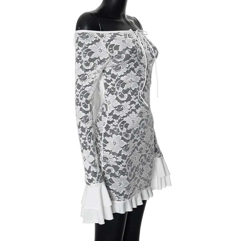 Fantoye Sexy See Through Lace Women Dress White Off Shoulder Flare Sleeve Dress Female Spring Slim Elegant Party Streetwear 2025