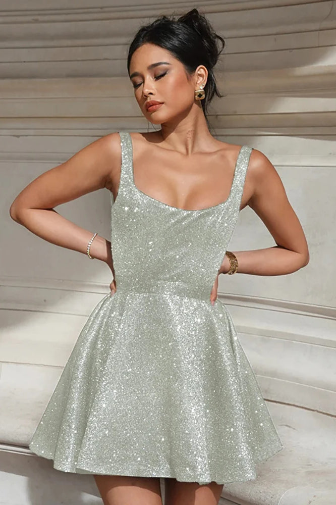 Glitter Square Neck Sleeveless Fit-and-Flare Pleated Mini Dress