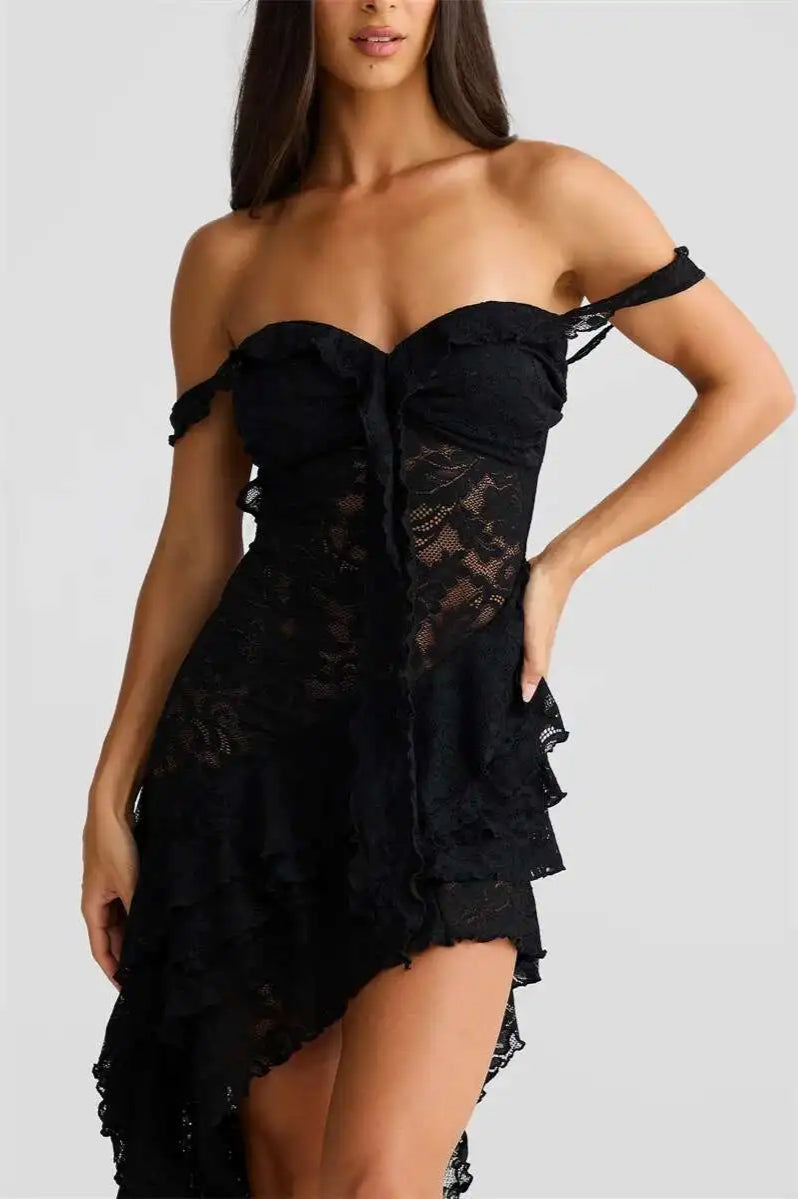 Floral Lace Off-Shoulder Tie-Front Tiered High-Low Ruffle Midi Dress
