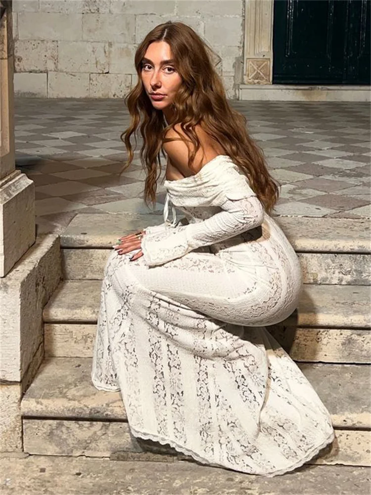 Ootddress Autumn Lace Off-Shoulder Long Dress For Women See-Through Printed Lace-Up High Waist Luxury Female Elegant Party Dress New 50 Ootddress Autumn Lace Off-Shoulder Long Dress For Women See-Through Printed Lace-Up High Waist Luxury Female Elegant Party Dress New