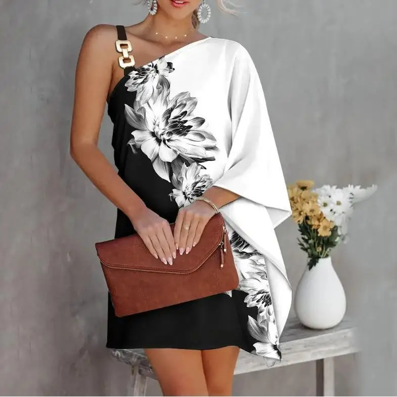 2025 Summer Dresses For Women Sexy Elegant Irregular Mini Dress Gown Fashion One Shoulder Diagonal Neck Print Vintage Vestidos