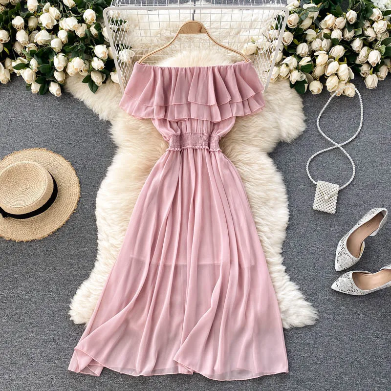 Women Chiffon Beach Dress Sexy Double Layer Ruffled Off The Shoulder Boho Dresses Ladies Sweet Slash Neck Long Dress 21 Women Chiffon Beach Dress Sexy Double Layer Ruffled Off The Shoulder Boho Dresses Ladies Sweet Slash Neck Long Dress