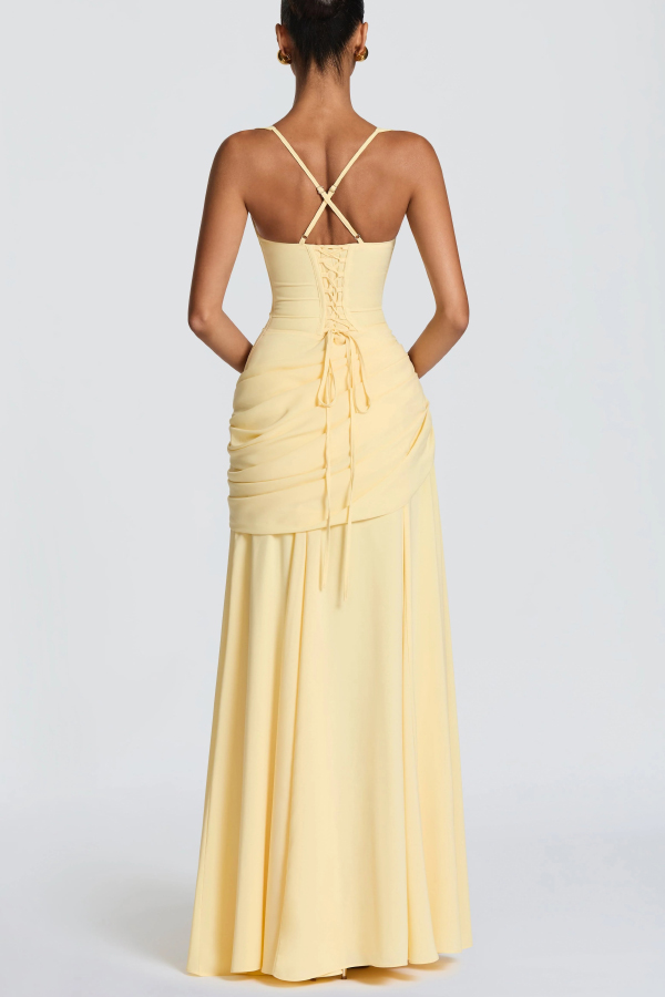 Stylish Spaghetti Strap Square Neck Slim-fit Elegant Pleated Maxi Dress