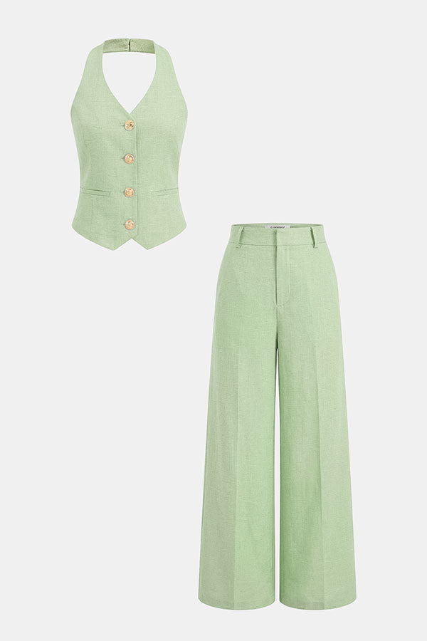 City Outfit Linen Blend Metal Button Halter Vest and Pocket Wide Leg Pants Set