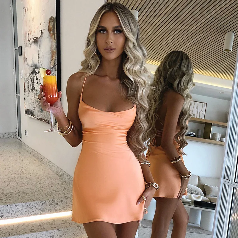 Ootddress New Spaghetti Straps Mini Satin Dress Women 2025 Summer Backless Low Cut Sexy Dresses Ladies Club Wear Party Sundresses