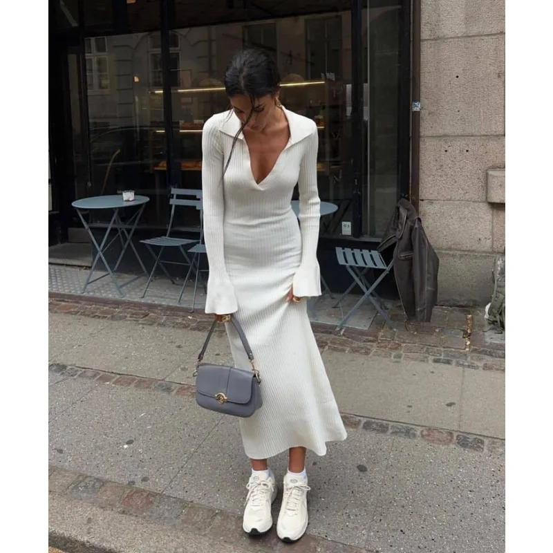 Ootddress Striped V-Neck Knit Maxi Dress For Women Ribbed Patchwork Slim Long Sleeve Elegant Party Dress Loose Knitwear Long Dress