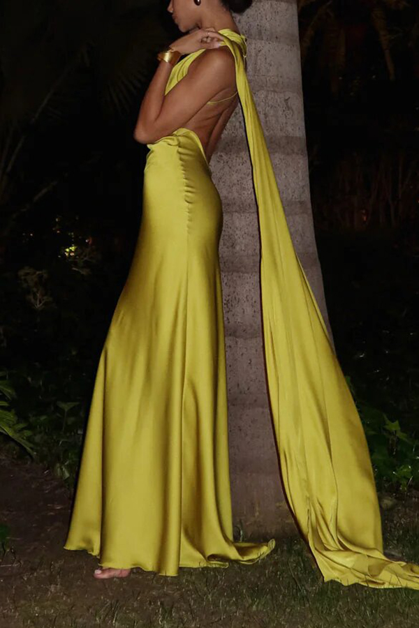 Crush on You Satin One Shoulder Backless Cape Maxi Dress