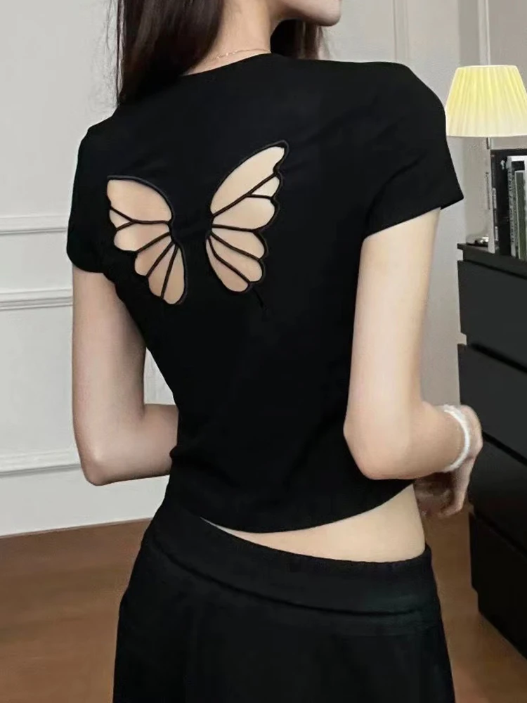 Fashion Women T-shirt Short Sleeve O Neck Solid Slim Fit Ladies Crop Top Butterfly Hollow Backless for Casual Tops Summer 2025 12 Fashion Women T-shirt Short Sleeve O Neck Solid Slim Fit Ladies Crop Top Butterfly Hollow Backless for Casual Tops Summer 2025