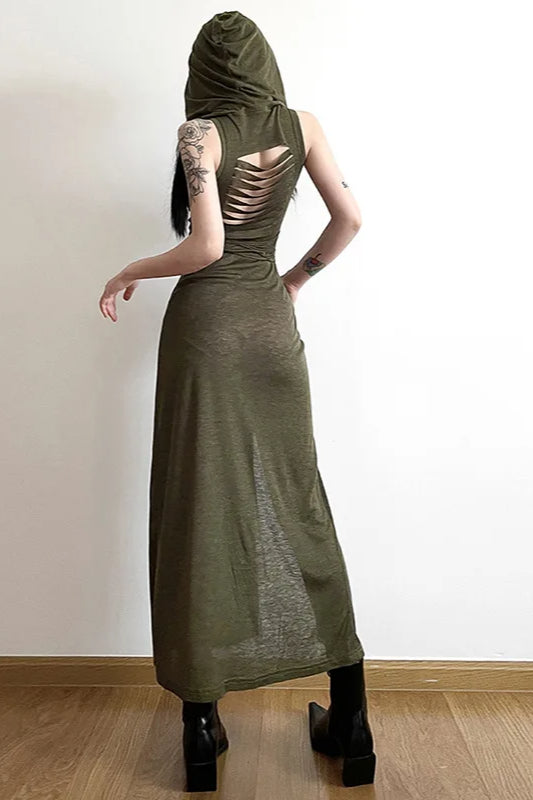 Hooded Cowl Neck Tie-Waist Double Slit Sleeveless Midi Dress
