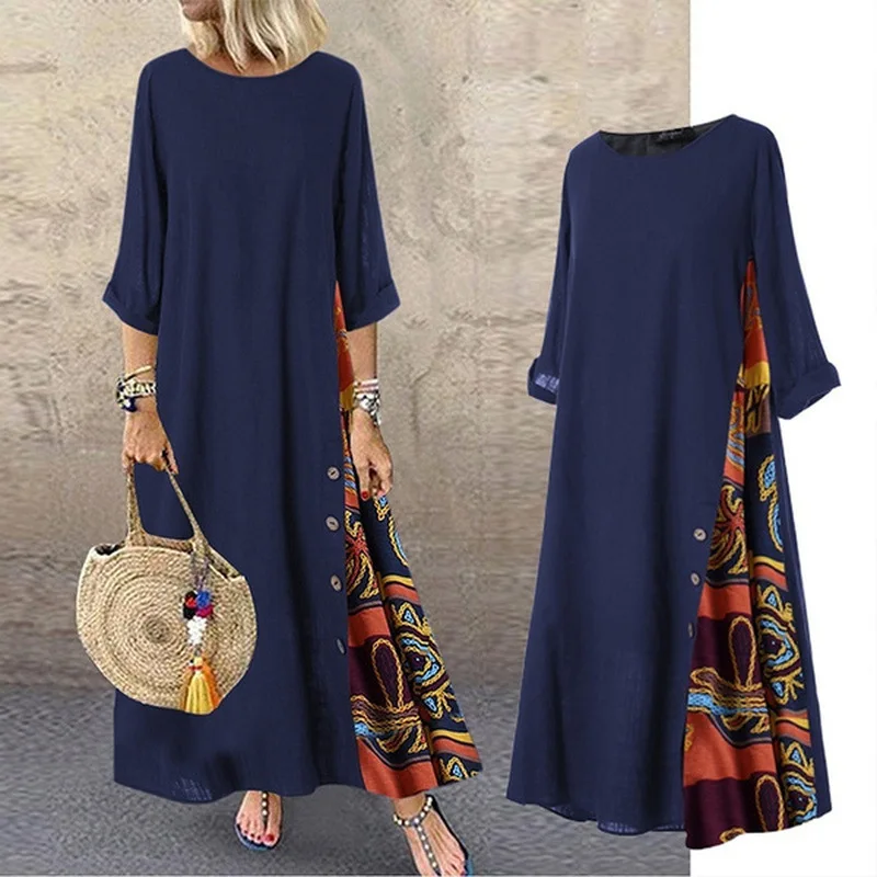 Cotton Linen Vintage Long Dresses Women Three Quarter Sleeves Splicing Print Loose A-line Dress Fashion Casual Lady Maxi Vestido 7 undefined