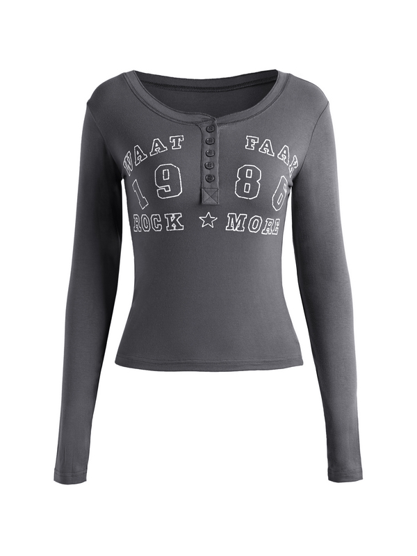 Number Letter Print Breasted Slim Long Sleeve Tee