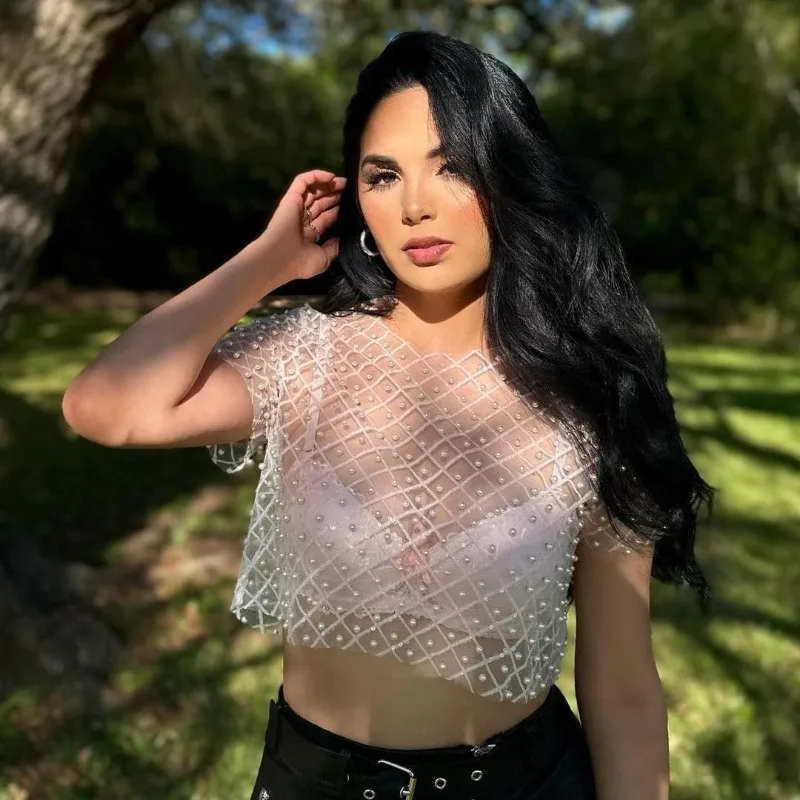 Ootddress Mesh Splice Sequins Cover-up Women Sexy See Through Short Sleeve Crop Tops Ladies 2025 Party Beach Shirts Cover Up Femme