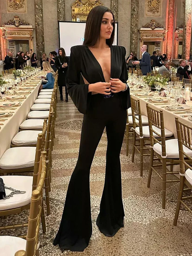 Ootddress Sexy Deep V Hollow Out Jumpsuit Women 3D Flower Flare Pants Long Pants Slim Backless Female Jumpsuit Party Club Clothing