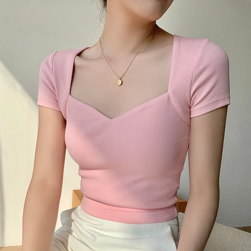 Women Square Neck Rib Crop T-shirt Summer Short Sleeve Crop Top Ladies Sexy Solid Color Short Tops Basic Black Tee Shirt