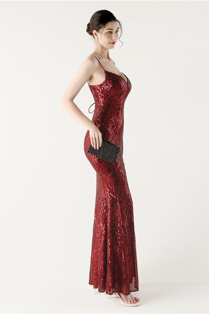 Sequin V-Neck Cross Strap Mermaid Maxi Dress