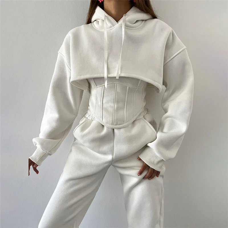 Ootddress Lace Up Pants Sets Women Slim Solid Splice Tank Tops Woman Long Sleeve Short Hoodies And Pant Suits Women Outfits Winter