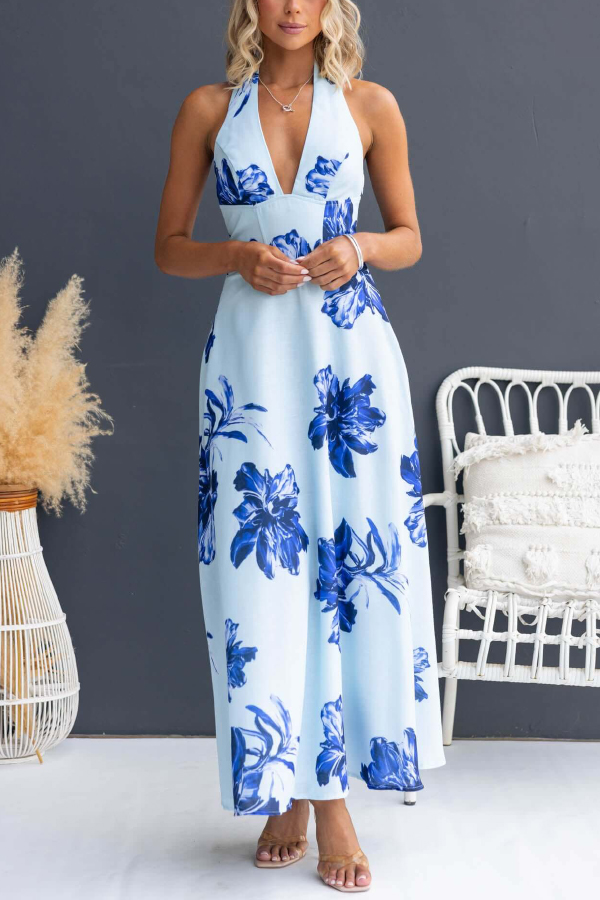 Floral Print V-neck Backless Tie-up Fitted Waist Elegant Maxi Dress