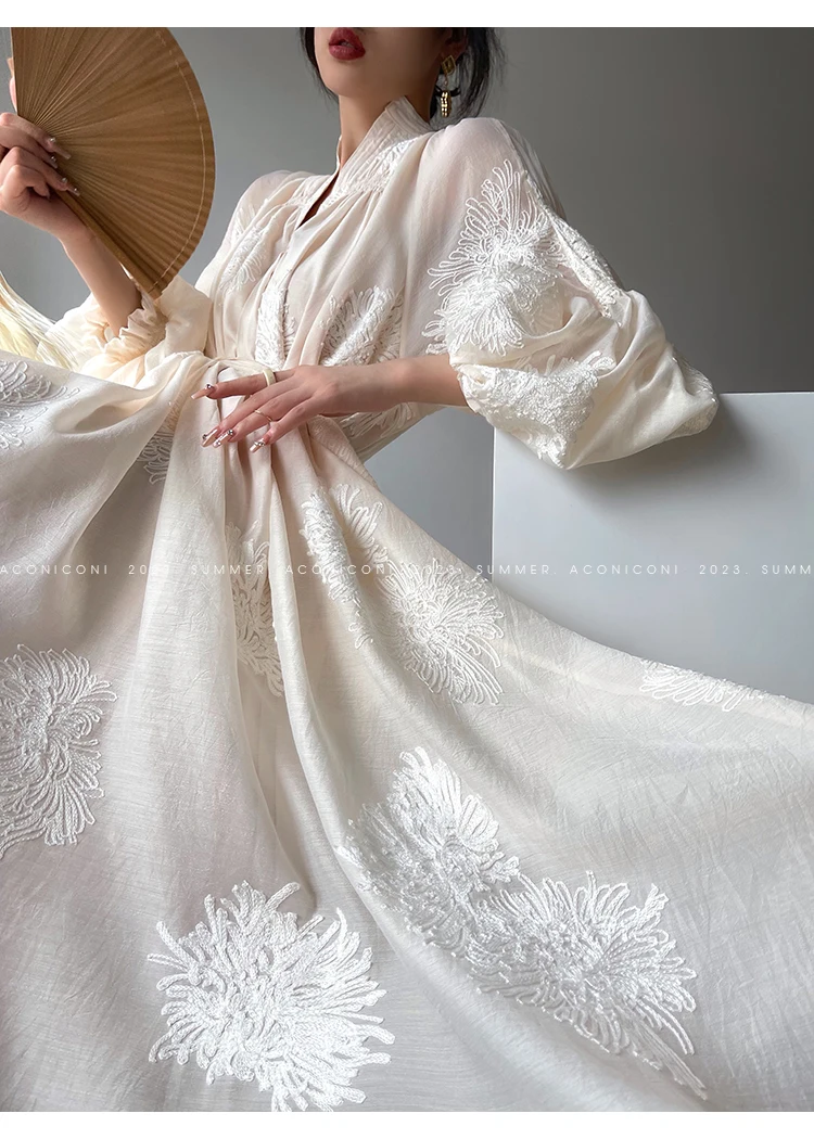 Spring Women Embroidery Evening Party Dresses Elegant Lantern Sleeve Vintage Casual A-Line Dress Female Fashion Vestidos Robe