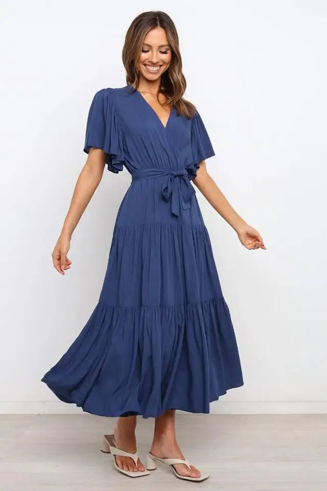 Trendy Solid Color Ruffles Long Dresses Women Sexy V-neck Ruffle Sleeves Leace-up Temperament Elegant Lady Dress 2025 Summer New 31 undefined