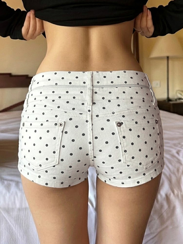Polka-Dot Double-Waistband Denim Shorts