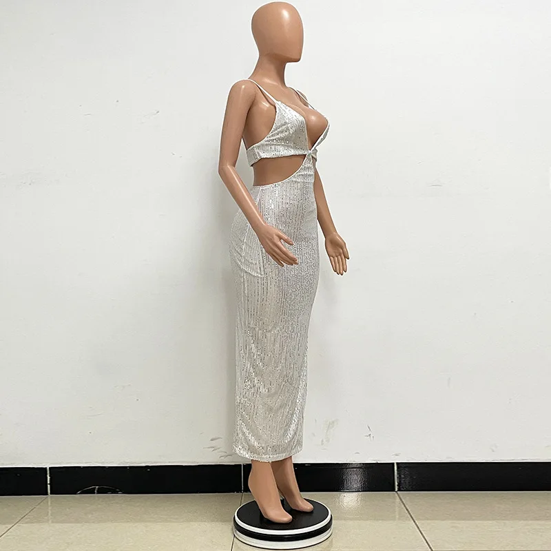 Sexy Hollow High Waist Slit Evening Dress Fashion Sequined Backless Sleeveless Elegant Party Dresses Solid Long Graduation Dress 131 undefined