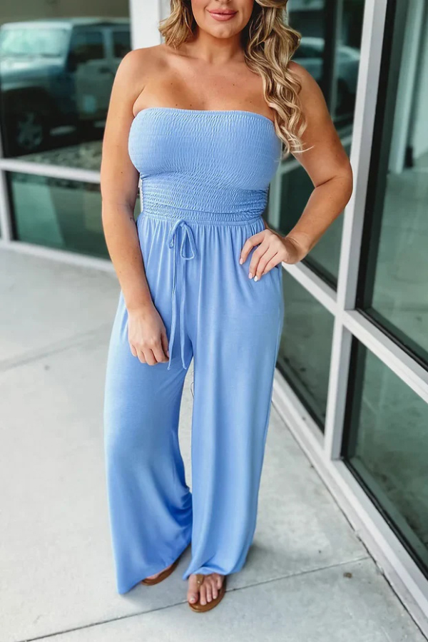 Solid Color Sleeveless Off-shoulder Pleated Loose Pocket Casual Wide-leg Jumpsuit