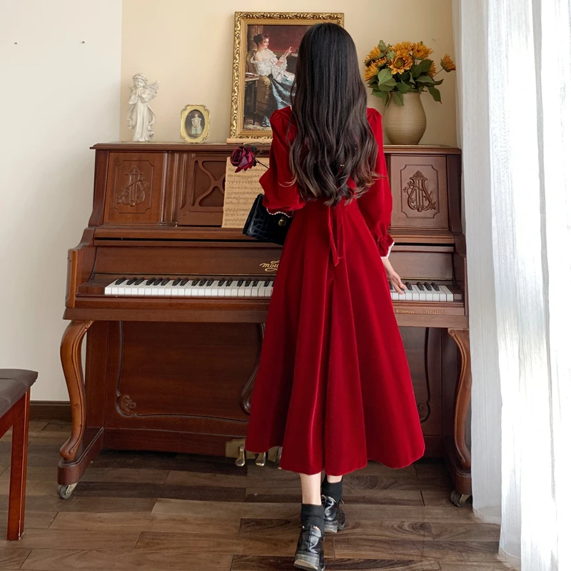French Vintage A-line Wedding Party Dress Women Autumn Elegant Long Sleeve Backless Red Vestidos Mujer Princess Robe Spring New