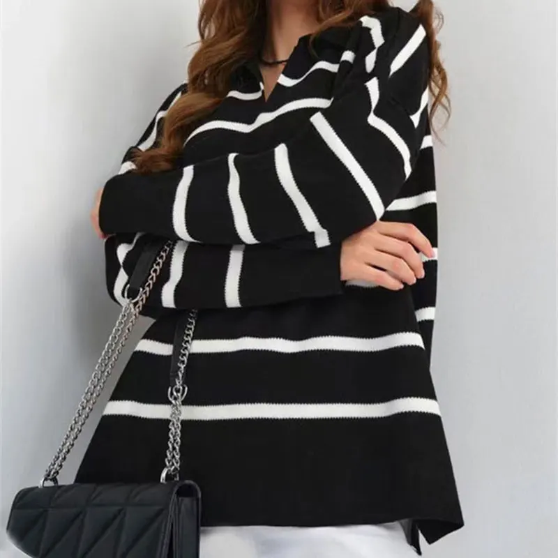 Ootddress V-Neck Knit Casual Pullover For Women Striped Slim Long Sleeve Contrast Loose Sweater High Street Knitwear Pullover Top
