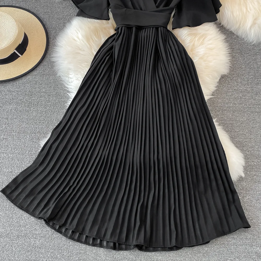 Women Elegant Pleated Dress Summer Short Sleeve V-neck Vintage Dresses Ladies A Line High Waisted Midi Dress