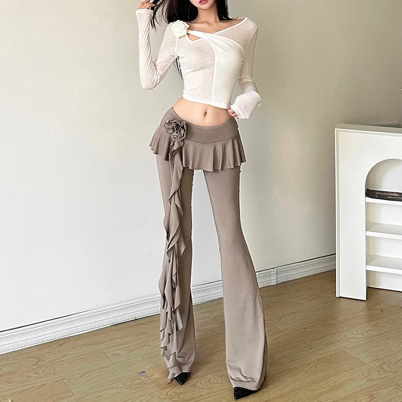Ootddress Fashion Flower Ribbons Straight Pants For Women Solid Color Casual High Strecth Folds Patchwork Female Summer Trousers
