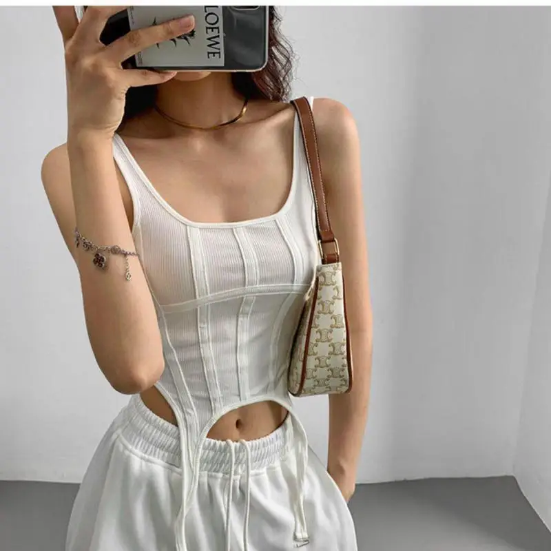 Ootddress Y2k Croset Top Women Summer Fashion Vintage Irregular Rib Knitted Sleeveless Slim Cropped Tops Feminino Sexy Tank Top