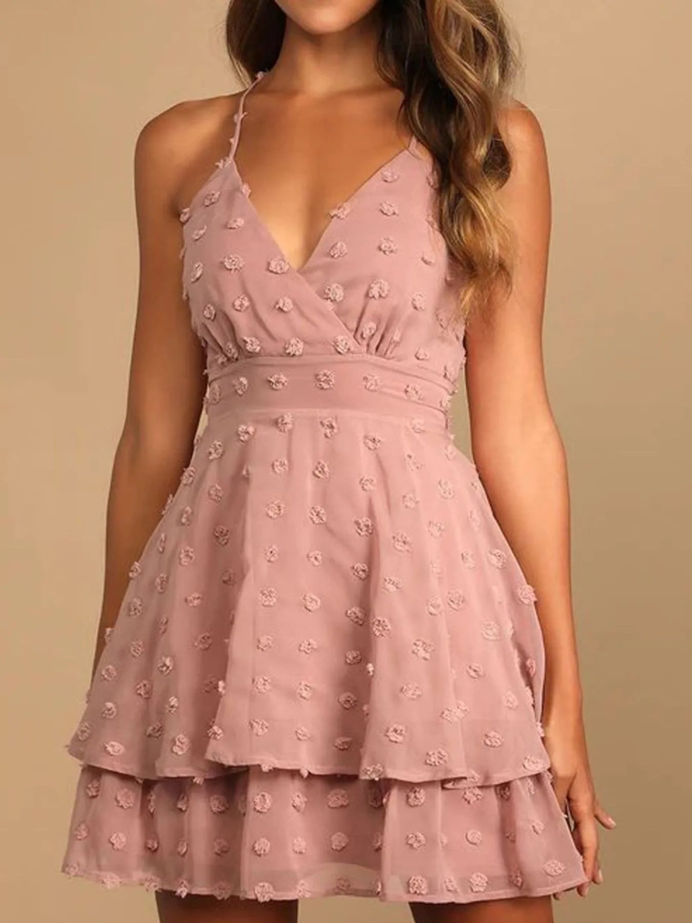 Swiss Dot Surplice V-Neck Spaghetti Strap Tiered Ruffle Mini Dress