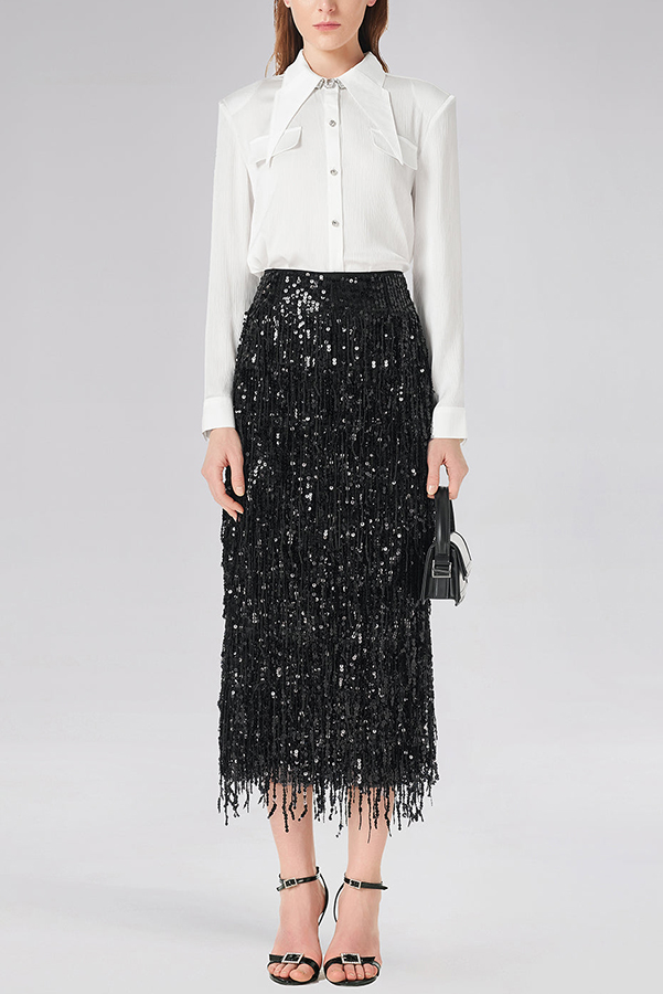 Evening Charm Layered Sequined Tassels High Rise Back Zipper Slit Midi Skirt