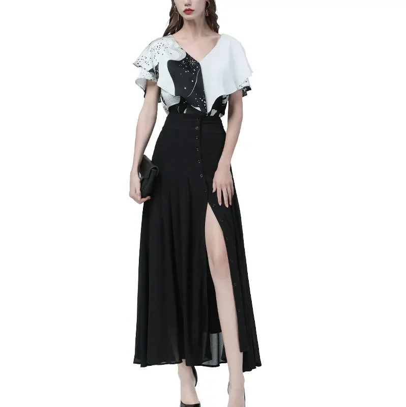 Elegant Mid-length Skirt All-match High-waist Sexy Button Slit Mesh Long Gauze Skirts for Women Summer Pleated Skirts Black 10 Elegant Mid-length Skirt All-match High-waist Sexy Button Slit Mesh Long Gauze Skirts for Women Summer Pleated Skirts Black