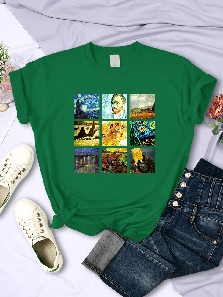 Van Gogh Works Sanskrit Printed Female Tops Breathable Casual T Shirts Fashion Summer Short Sleeve Women Crewneck Street Tshirt