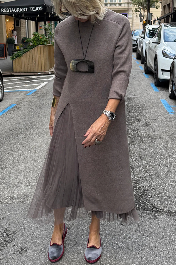 Jollie Knit Long Sleeve Front Slit Midi Sweater and Pleated Tulle Stretch Tank Midi Dress Two-piece Set