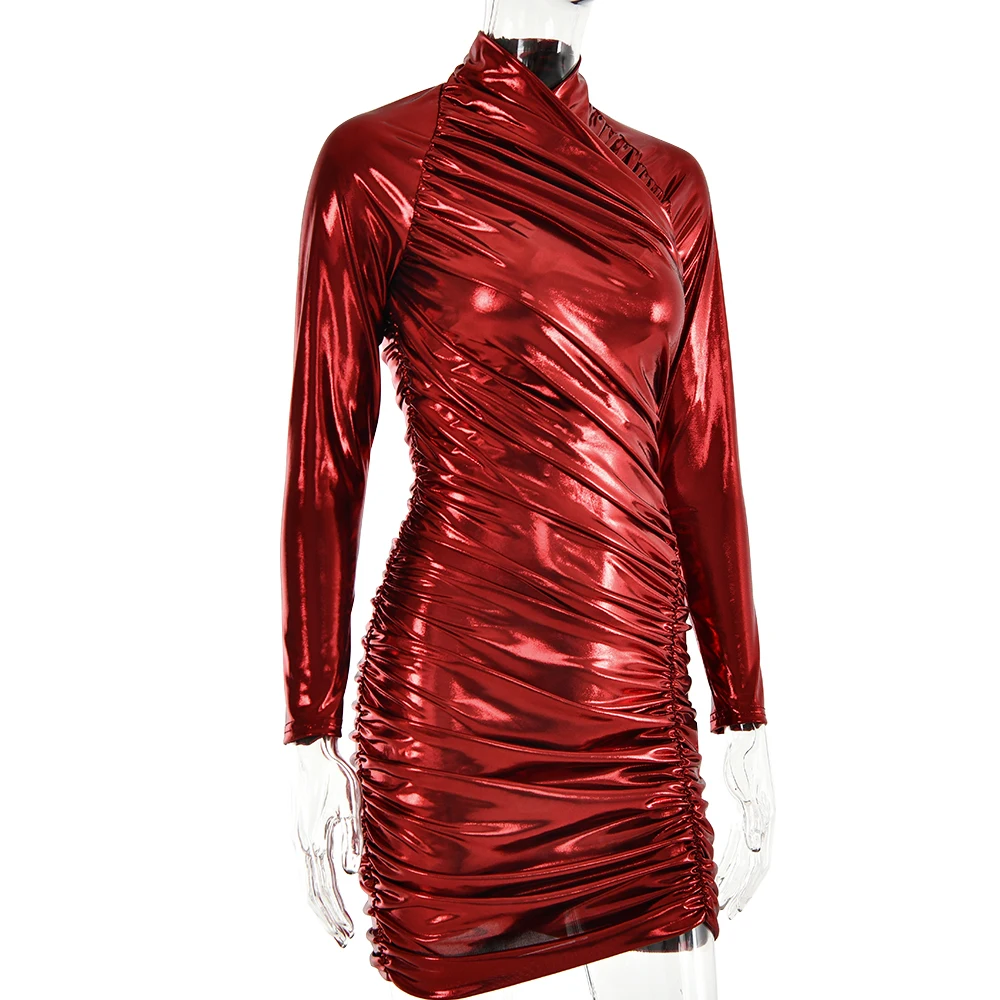 Ootddress Autumn Leather Long Sleeve Pleated Dress For Women Zipper Tight Irregular Female Dress Party Club Sheath Vestidos