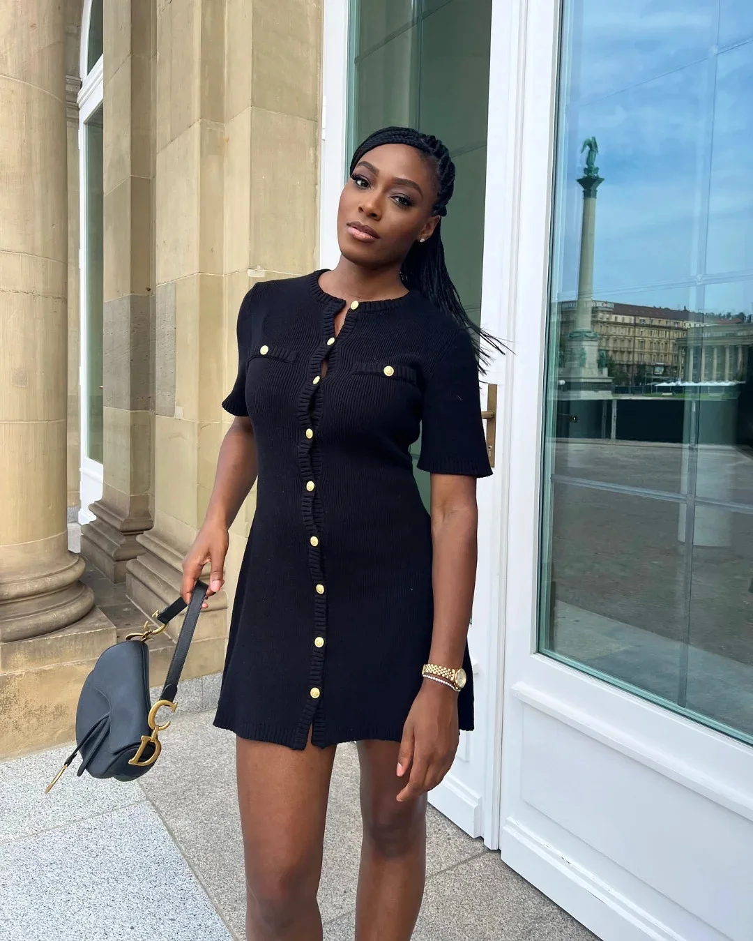 Solid Color Elegant Knitted Mini Dress For Women Metal Button Sexy Slim Rib Sweater Dress Holiday Party Outfits Spring 2025 New
