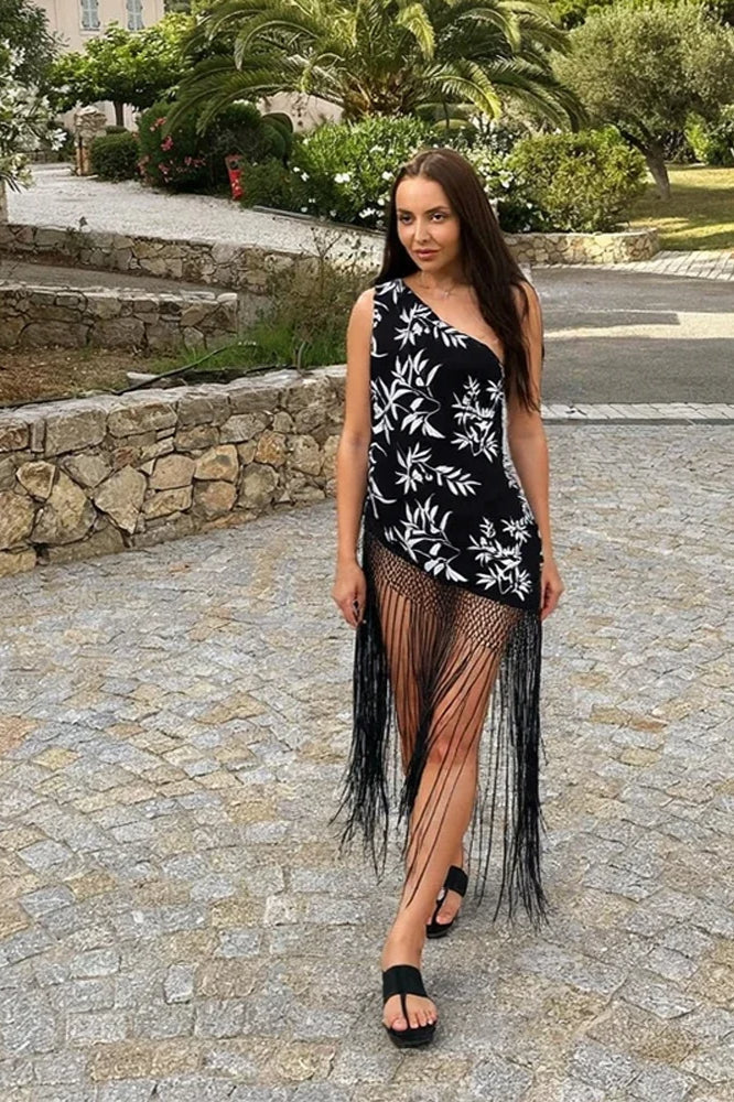 Botanical Print One Shoulder Mesh Insert Fringe Tassel Asymmetrical Hem Mini Dress