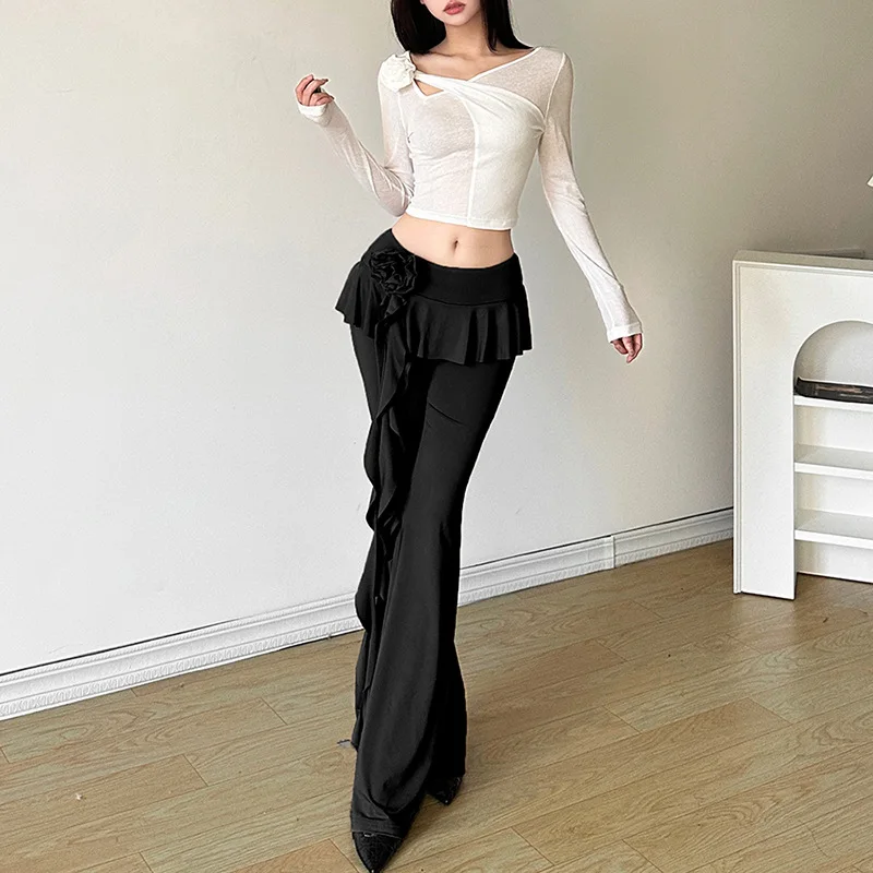 Ootddress Fashion Flower Ribbons Straight Pants For Women Solid Color Casual High Strecth Folds Patchwork Female Summer Trousers