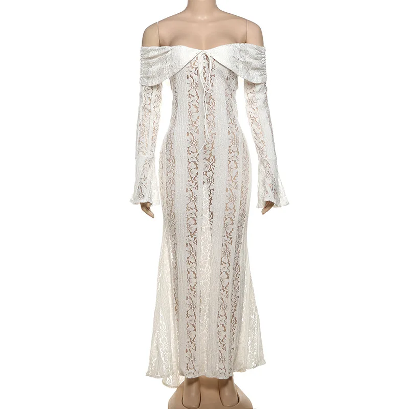 Ootddress Autumn Lace Off-Shoulder Long Dress For Women See-Through Printed Lace-Up High Waist Luxury Female Elegant Party Dress New 16 Ootddress Autumn Lace Off-Shoulder Long Dress For Women See-Through Printed Lace-Up High Waist Luxury Female Elegant Party Dress New