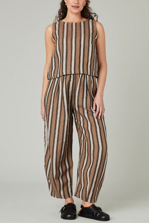 Striped Printed Crew Neck Sleeveless Top and Elastic Waist Wide-leg Pants Set