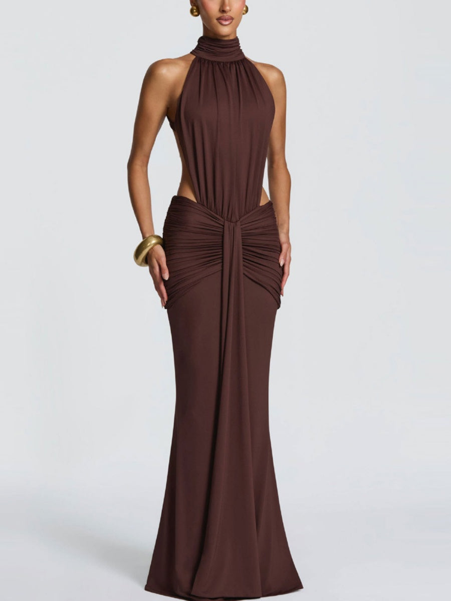 Turtleneck Gathering Hollow Backless Temperament Banquet Maxi Dresses