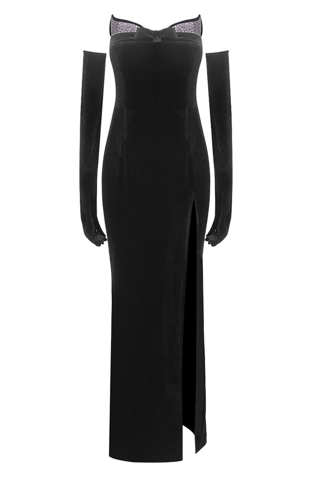 Strapless Sweetheart Rhinestone Trim Velvet Maxi Gown with Draped Satin Overskirt