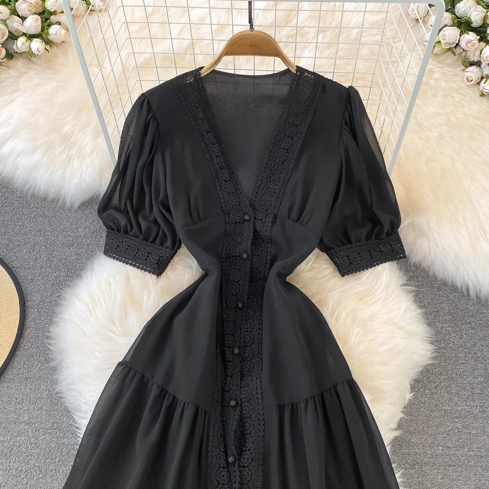 New Women Vintage Party Dress Summer Puff Sleeve Sexy V Neck Lace Single-breasted Long Dresses Ladies A Line Elegant Long Robe 36 New Women Vintage Party Dress Summer Puff Sleeve Sexy V Neck Lace Single-breasted Long Dresses Ladies A Line Elegant Long Robe