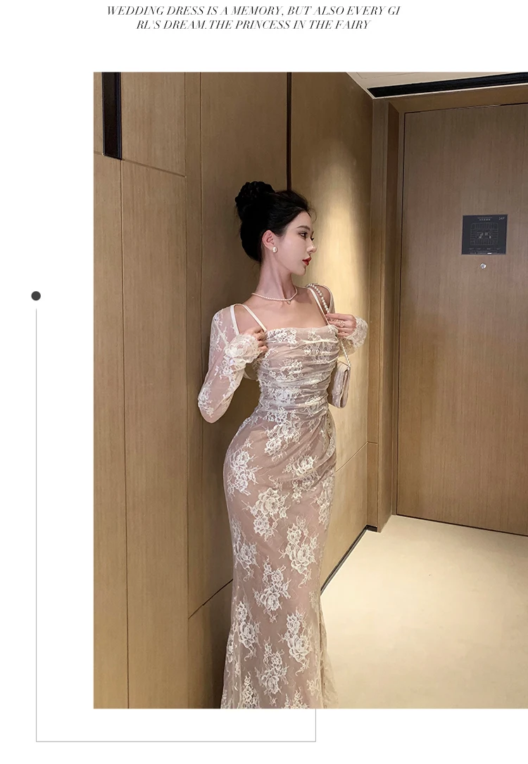 Sexy Bodycon Lace Long Dresses for Women Wedding Party Dress Spaghetti Strap with Smock French Vintage Evening Maxi Vestidos New 16 Sexy Bodycon Lace Long Dresses for Women Wedding Party Dress Spaghetti Strap with Smock French Vintage Evening Maxi Vestidos New