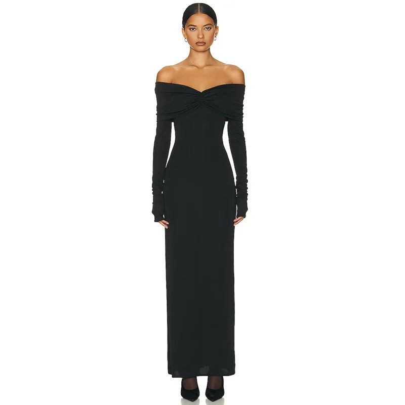 Ootddress White Pleated Slim Maxi Dress Elegant For Women Patchwork Off-Shoulder Fashion High Waist Dress Ladies Solid Party Dress