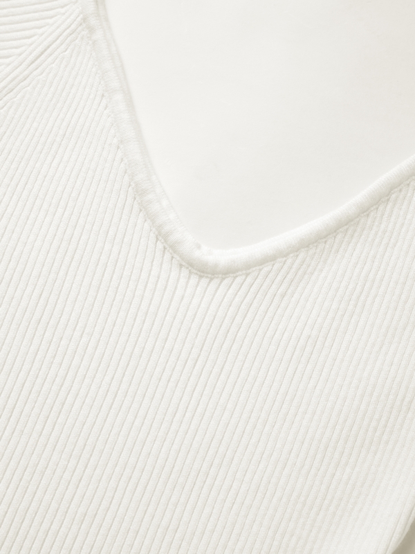 Solid V Neck Ribbed A-line Knit Mini Dress