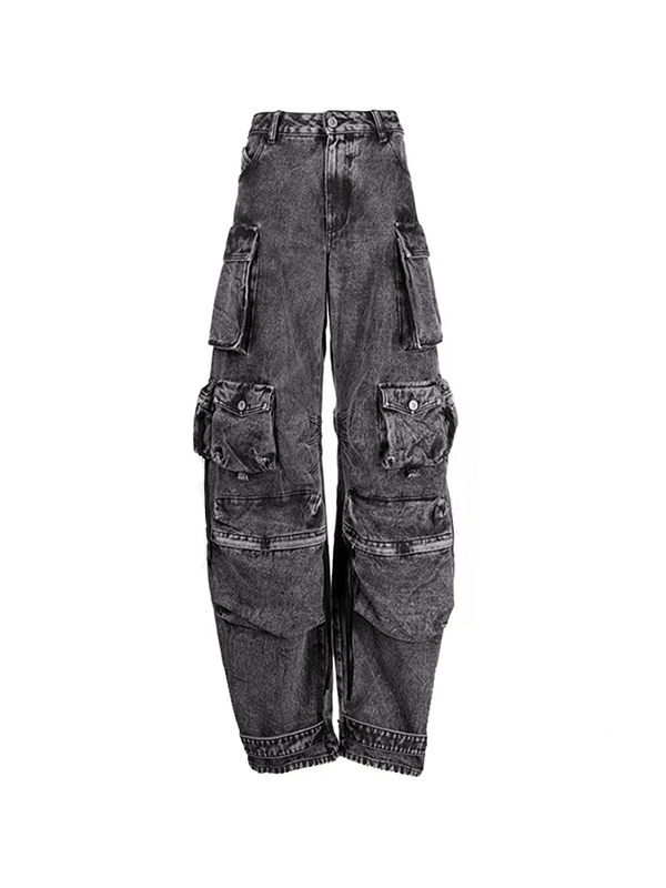 Washed Distressed Gray Multi Pocket Splice Cargo Jeans
