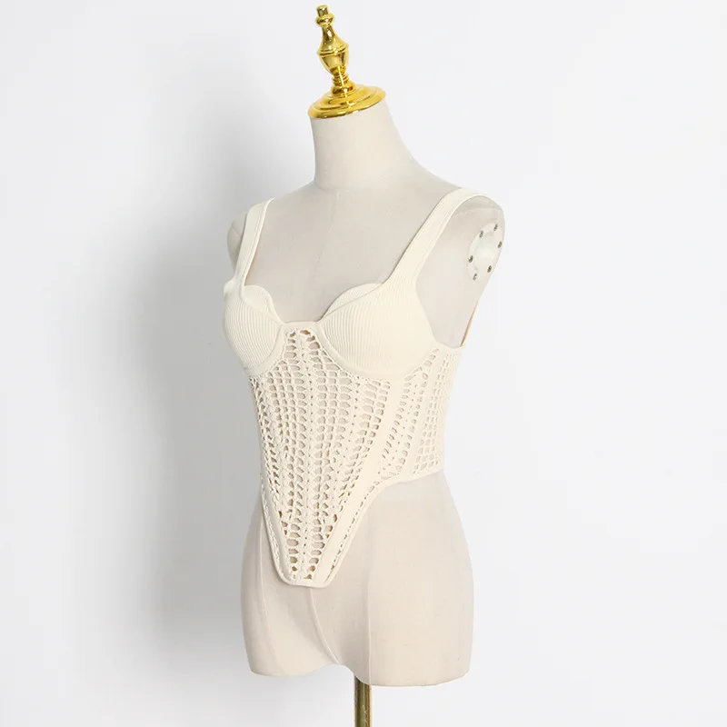 Ootddress Fishbone Waist Crocheted Knitted Crop Tops Women Vest Tee 2025 Summer Sexy Sleeveless Hollow Out Y2K Tops Corset Top